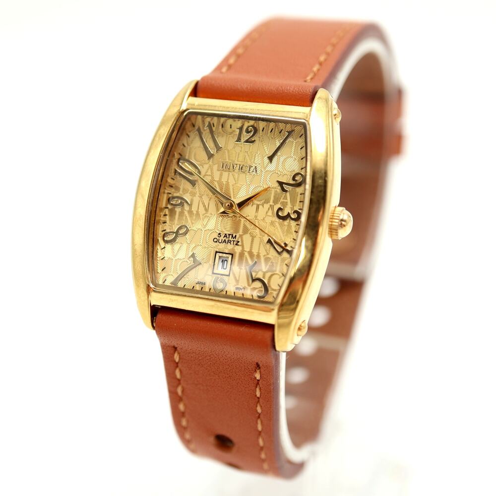 Vintage Invicta Gold Tone 26mm Barrell Watch Brown Leather 9875 w New Battery